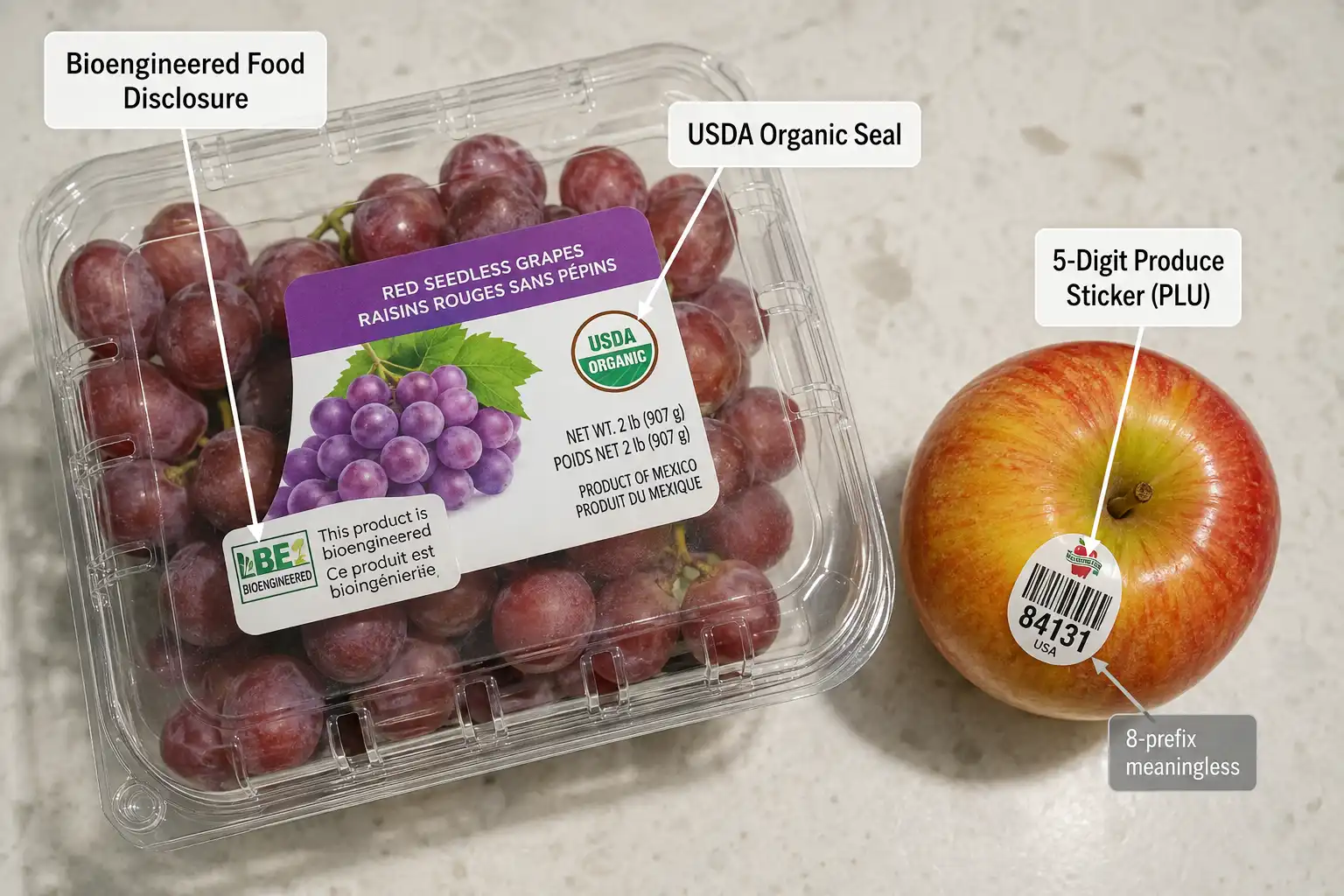 A bioengineered food disclosure on the bag and the USDA Organic seal signal genetic status, while a five digit produce sticker starting with eight signals nothing