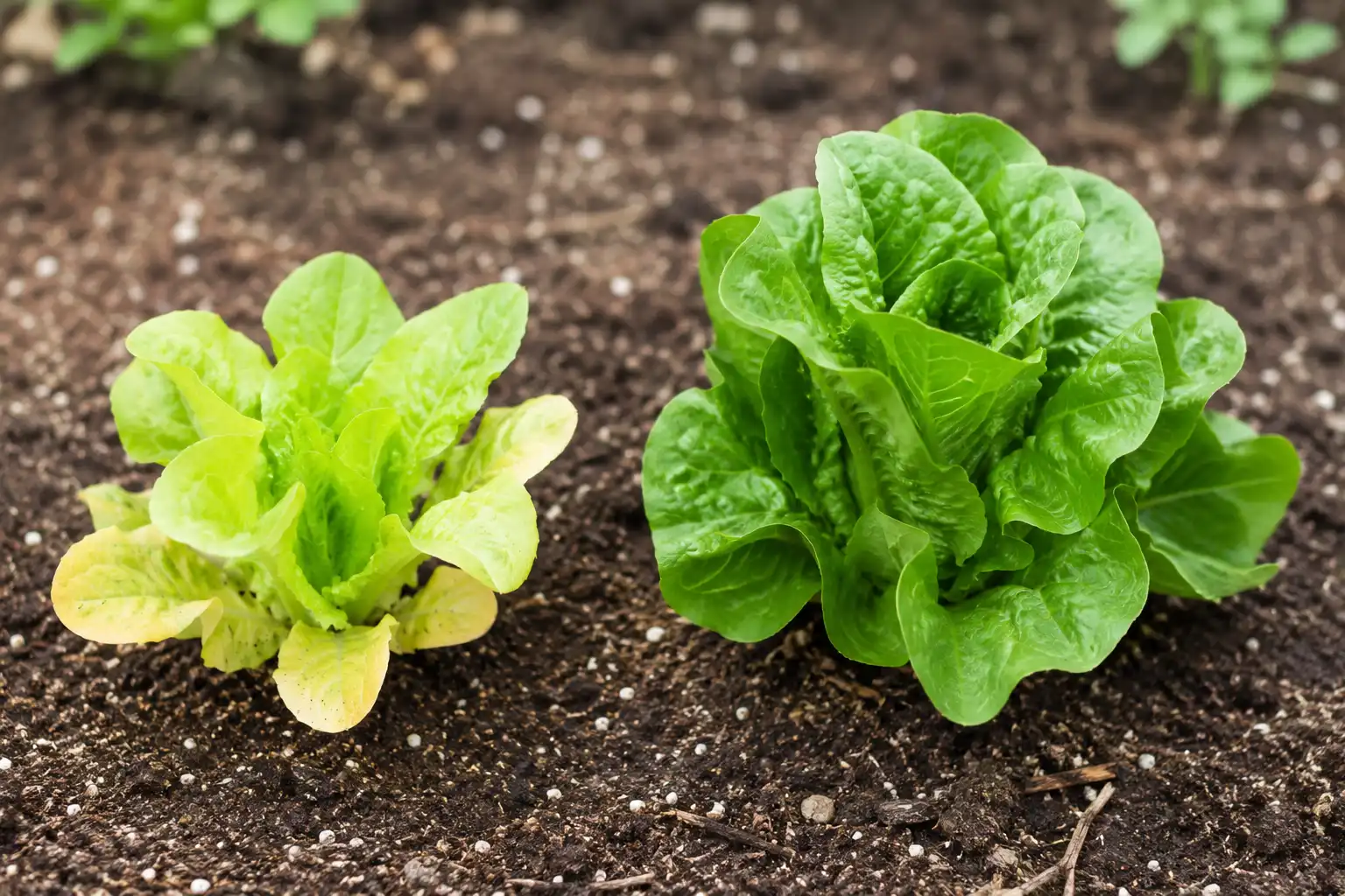 Two lettuce plants compared side by side, the left one pale yellow green with small leaves and yellowing lower foliage from nitrogen shortage, the right one deep green and full sized