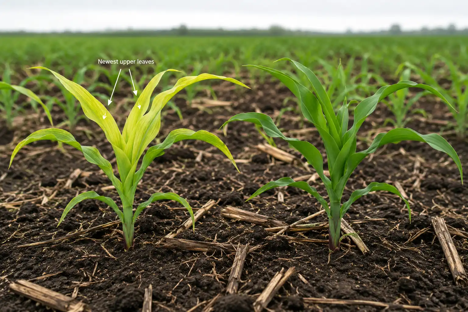 Sulfur deficient corn with pale striped upper leaves beside a dark green healthy corn plant at V6