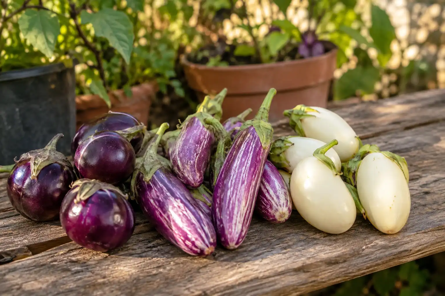 Small purple, striped, and white eggplant fruits from compact container varieties arranged on a bench beside their pots.