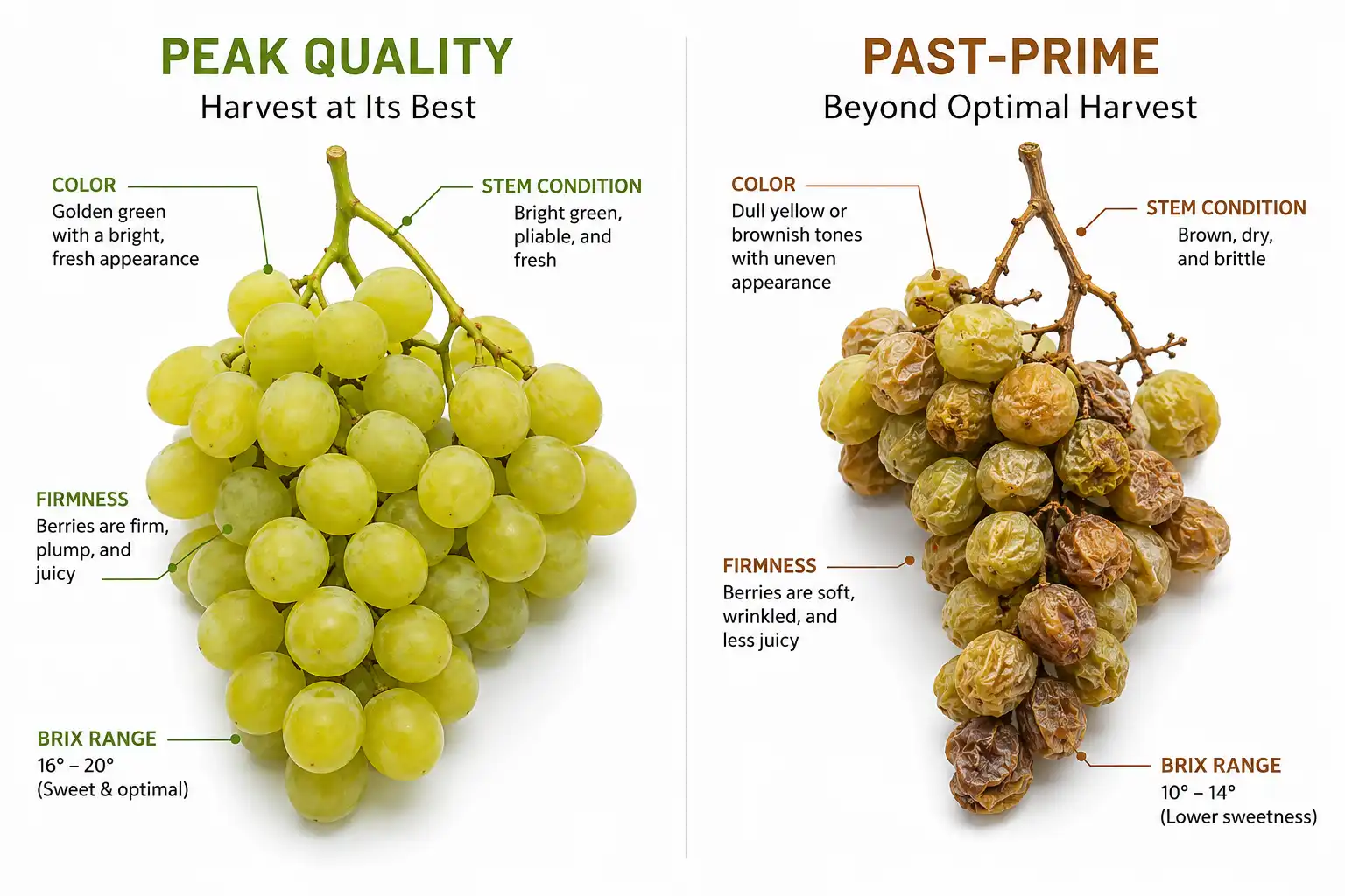 Side by side comparison of peak season cotton candy grapes next to past prime fruit with quality callouts