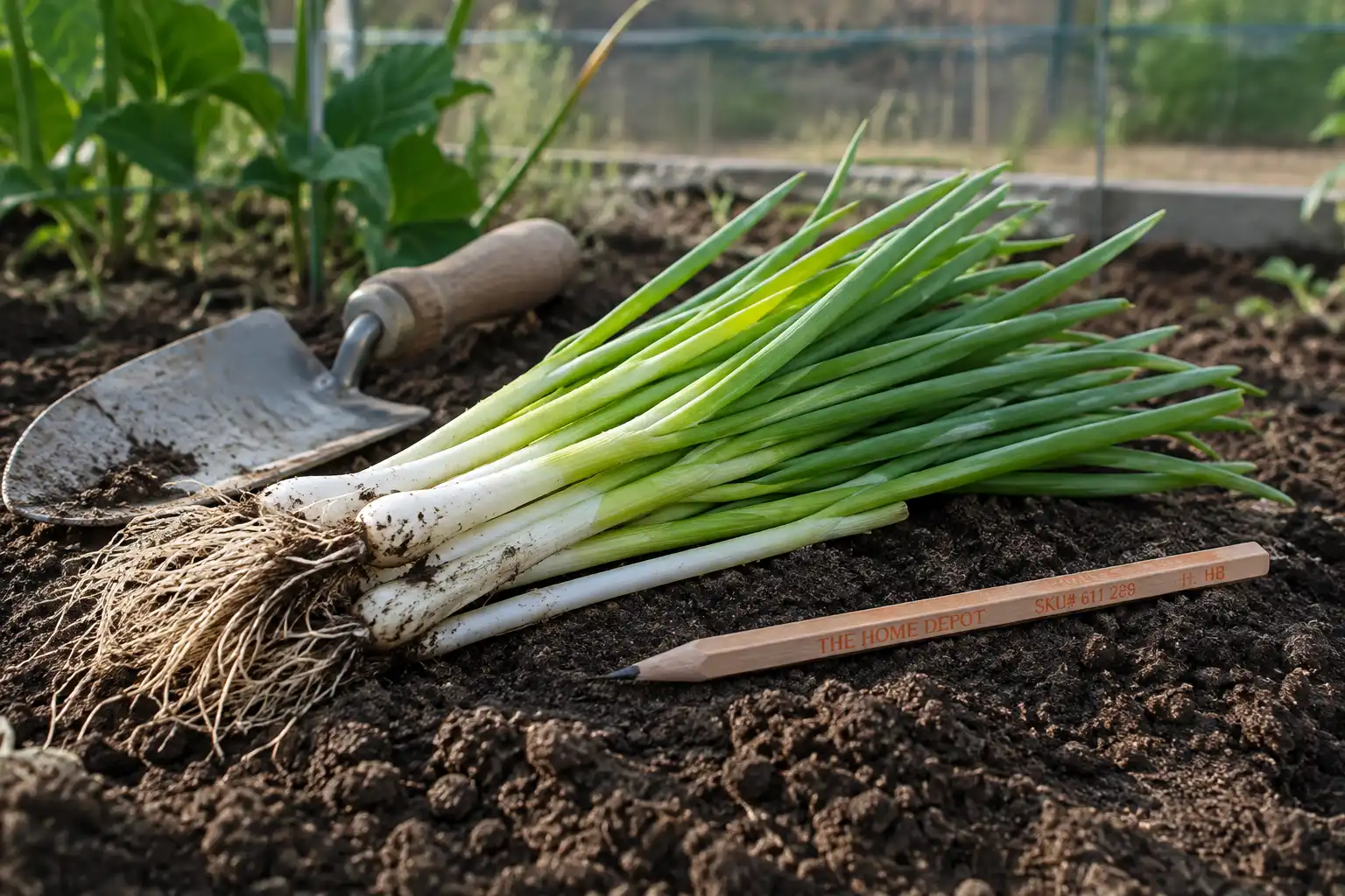 Green onions are ready to pull at pencil thickness with six to twelve inches of green top, loosened with a trowel first.