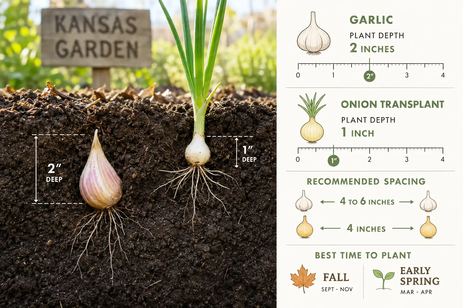 Garlic cloves go in pointed end up two inches deep and four to six inches apart in fall, while onion transplants go in one inch deep and four inches apart in early spring