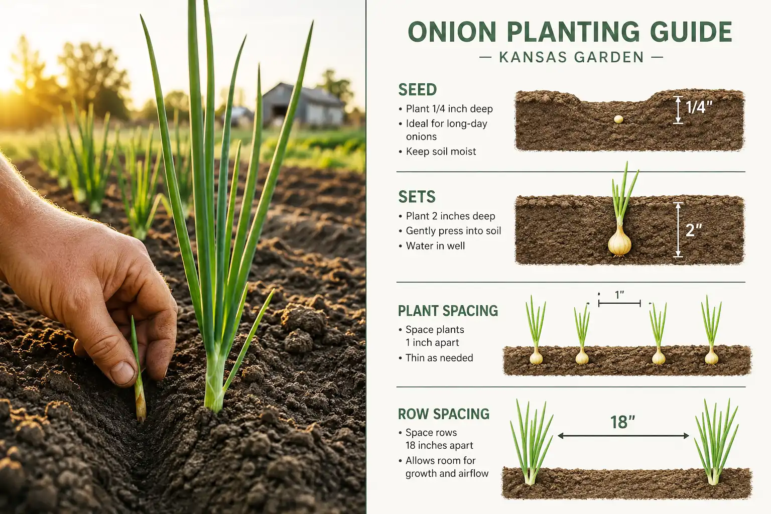 Spring onions go in three ways: seed a quarter to a half inch deep, sets and transplants one to two inches deep, all thinned to one inch in rows twelve to eighteen inches apart.