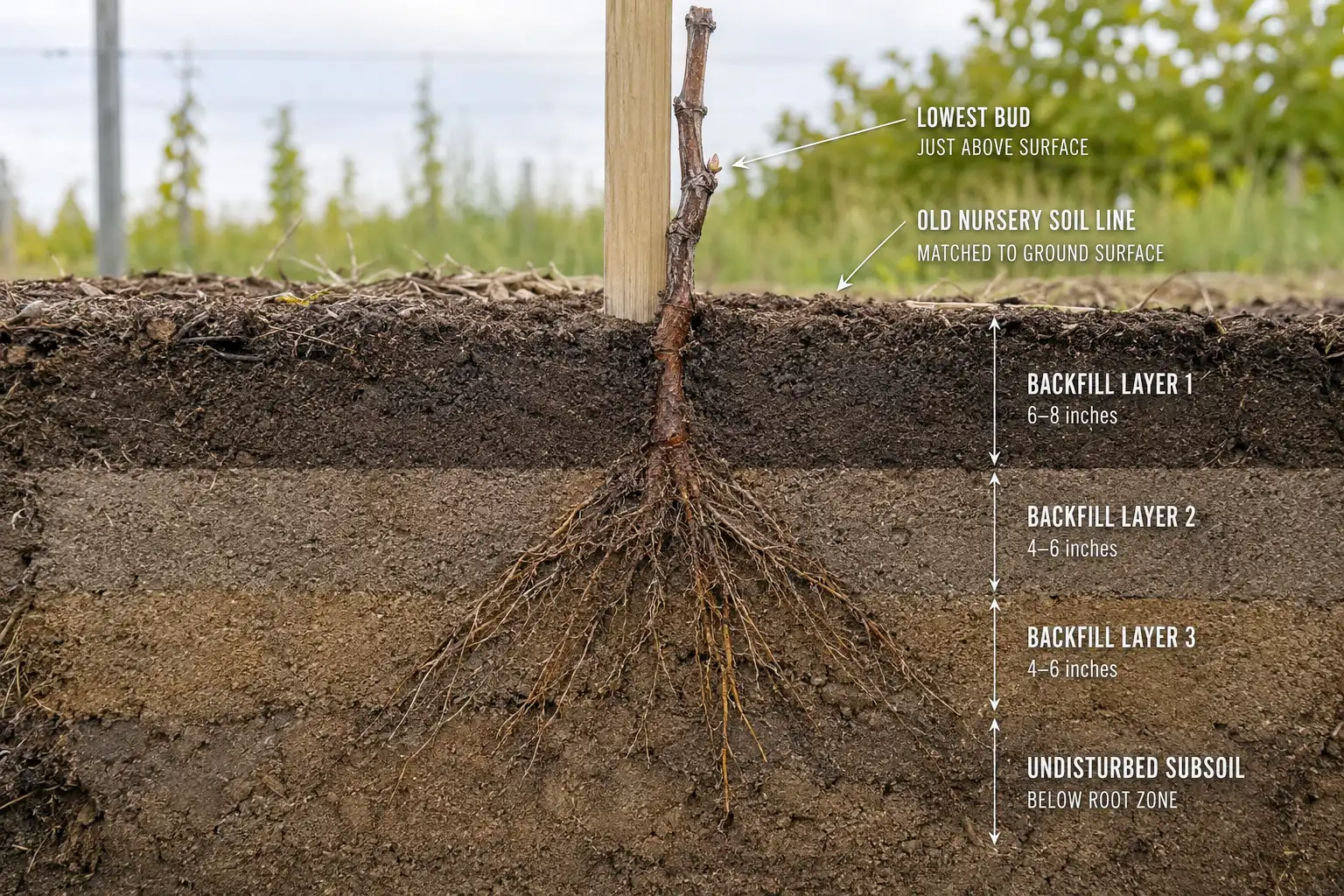 The vine sits at nursery depth with roots trimmed to 6 to 12 inches and fanned downward, and the lowest bud rests just above the soil line