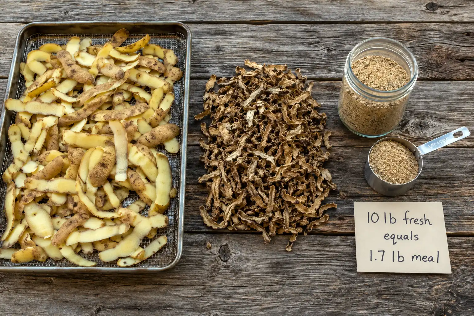 Three stage progression showing fresh peels on a drying screen, brittle dried peels, and finished coarse peel meal in a jar with a measuring scoop