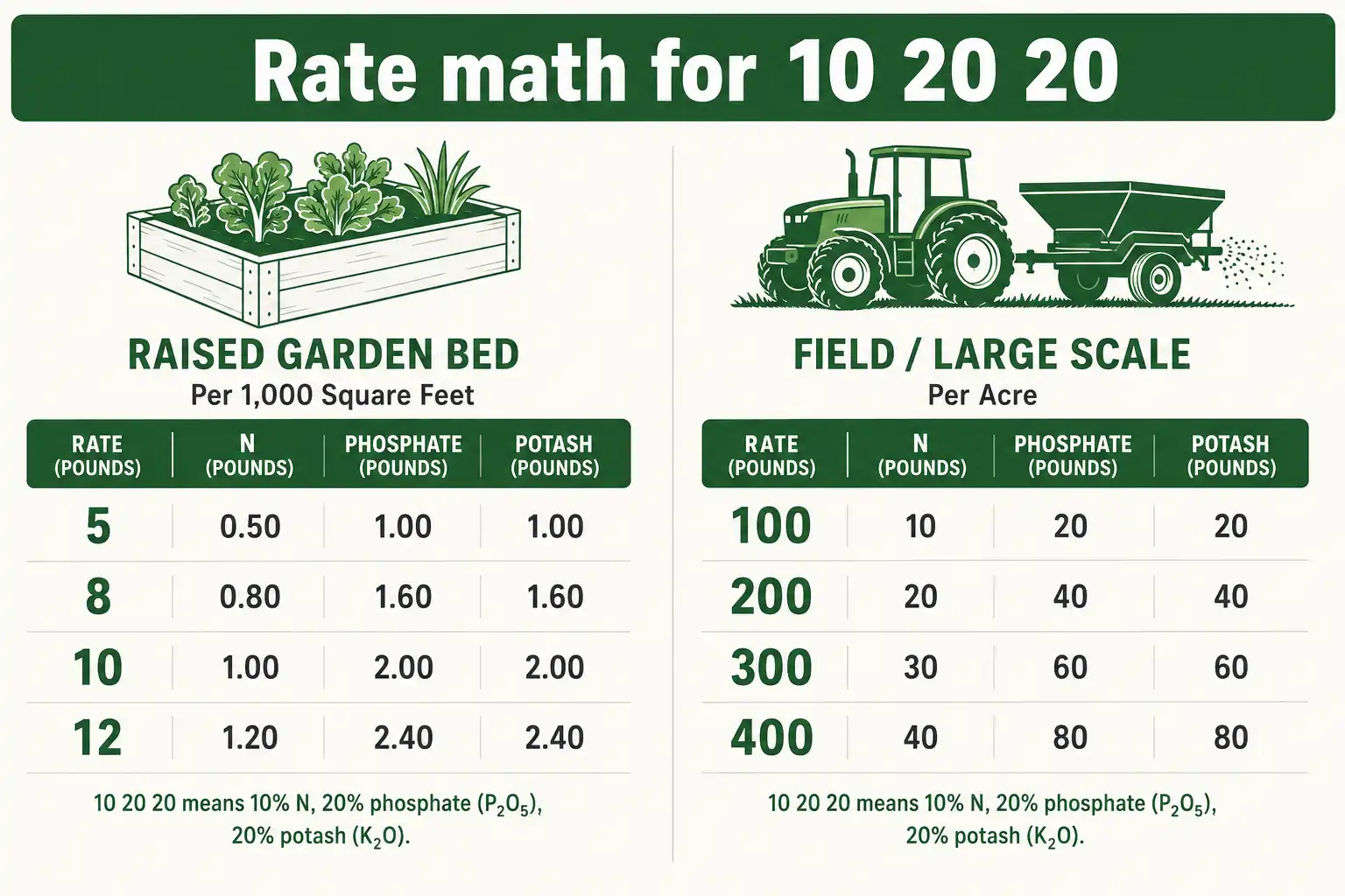 Rate chart showing that 10 pounds of 10-20-20 fertilizer per 1,000 square feet delivers 1 pound of nitrogen and 2 pounds each of phosphate and potash.
