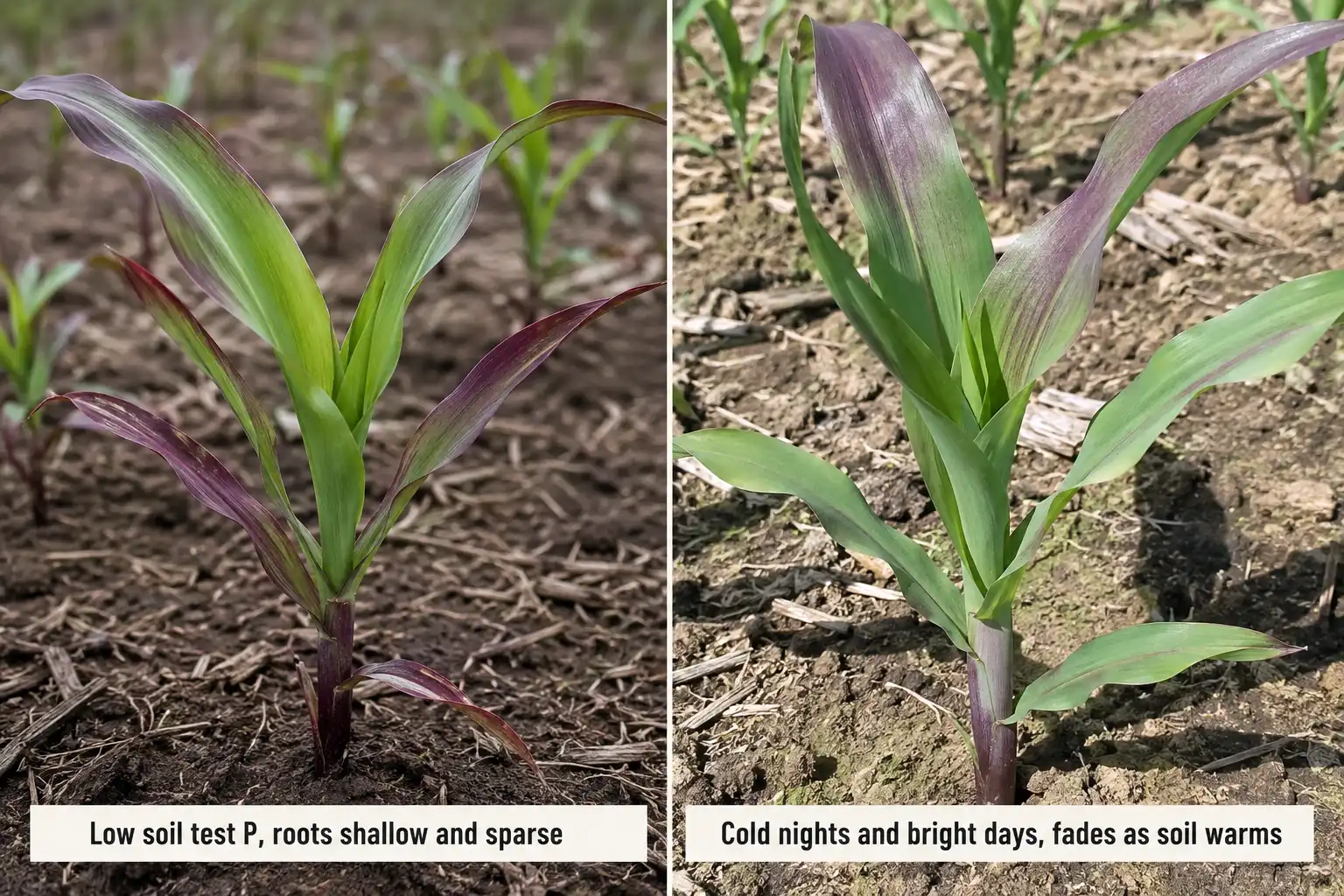 Phosphorus shortage purples the tips and margins of the lowest corn leaves with stunted sparse roots, while cool nights and bright days wash the whole blade purple without cutting yield