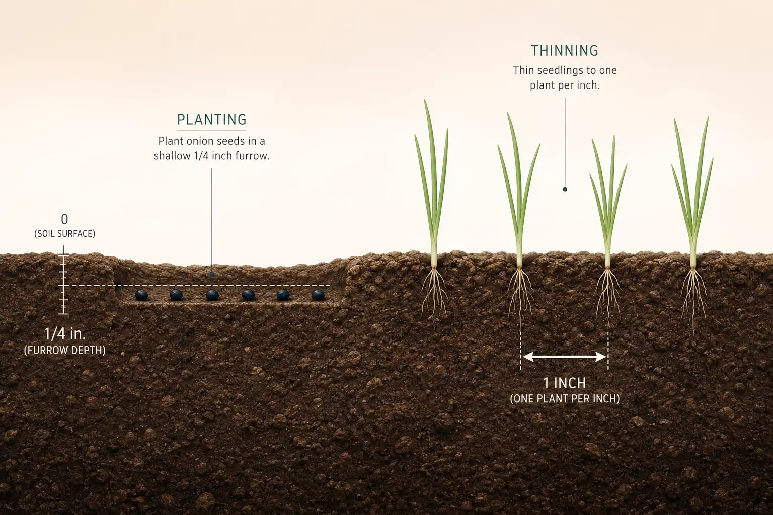 Seed drops three to four per inch into a quarter inch furrow, then seedlings thin to one plant every inch.