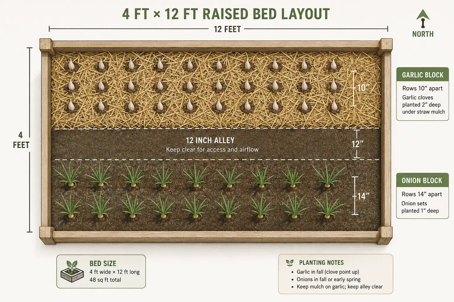 Garlic and onions share one bed by staying in separate blocks, with garlic rows 10 inches apart at one end and onion rows 14 inches apart at the other