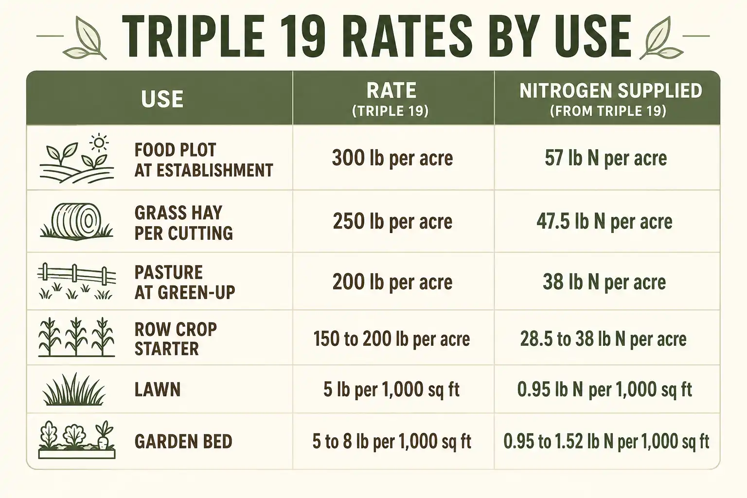 Rate table about 300 pounds per acre for food plots, 250 for hay, 200 for pasture, 150 to 200 as a row crop starter, and 5 to 8 pounds per 1,000 square feet for lawns and gardens