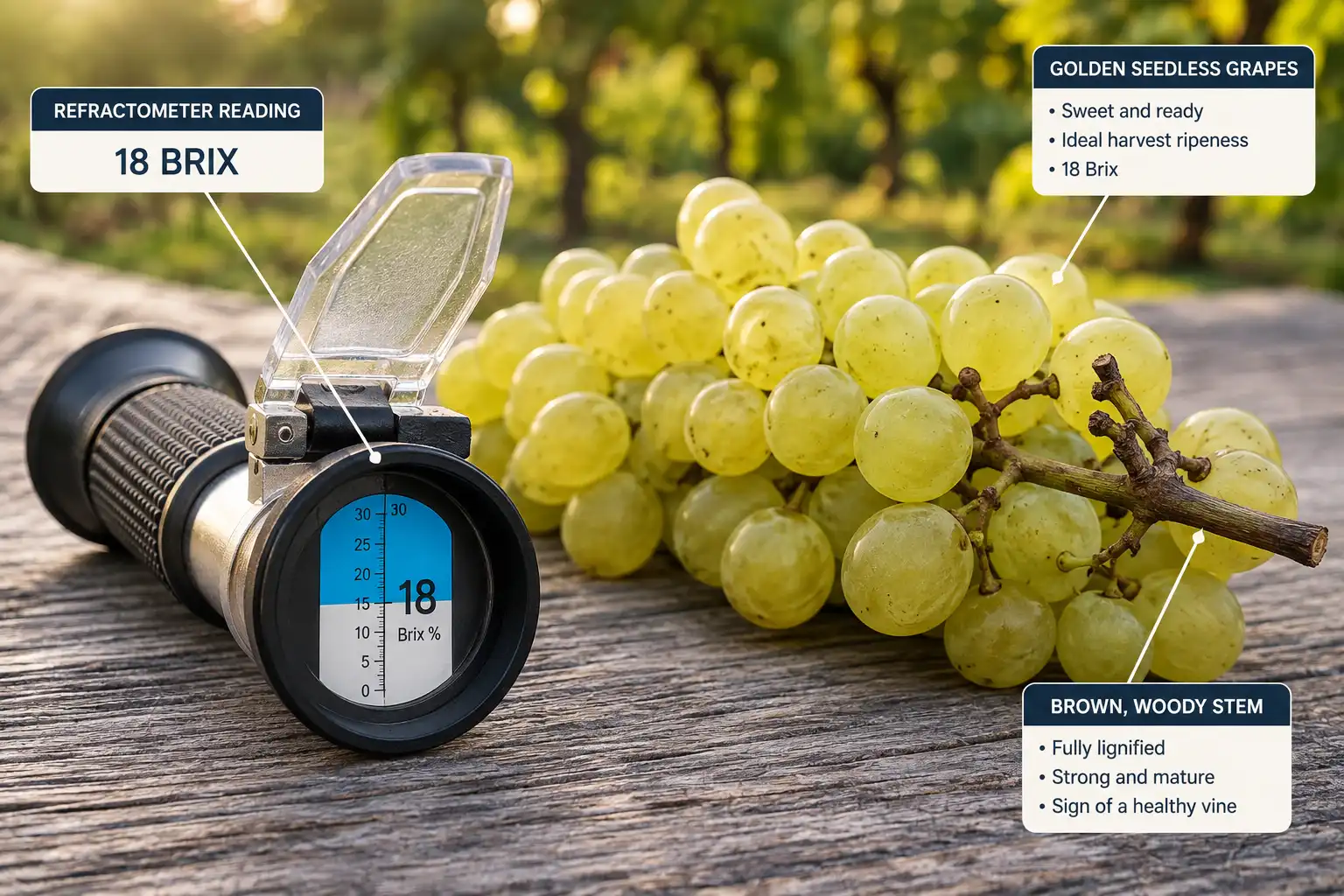 Ripe seedless grapes read 16 to 20 Brix on a refractometer, taste sweet with a light tang, and hang from a cluster stem that has turned brown and woody