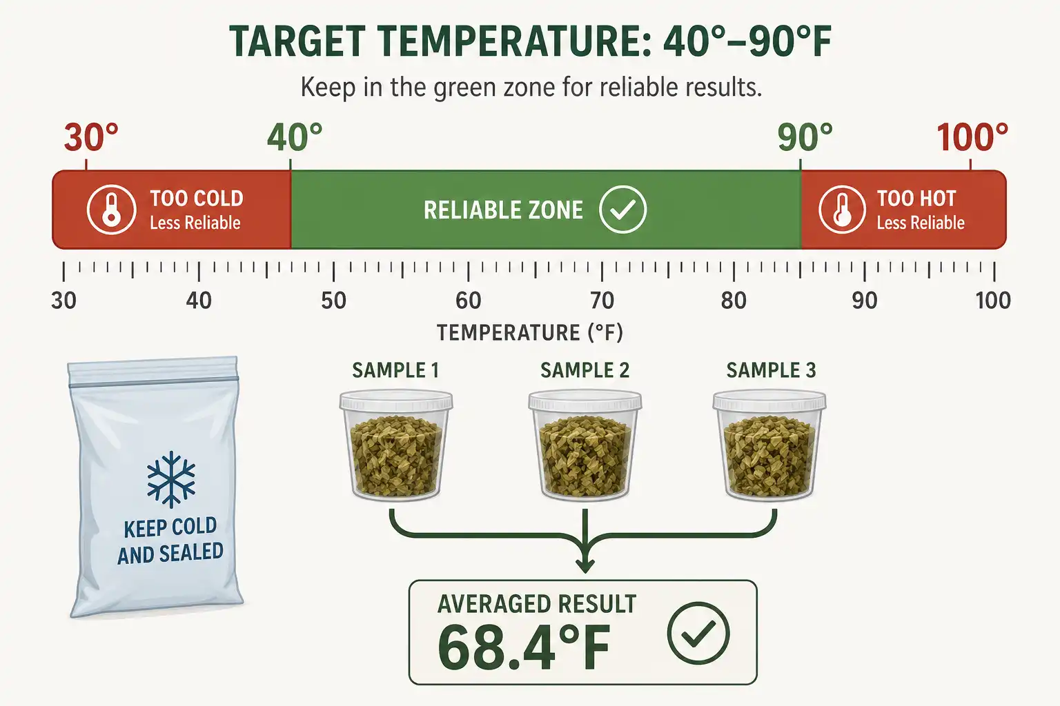 Meter readings hold up between about 40 and 90 degrees Fahrenheit, using a mixed representative sample tested three times and averaged.