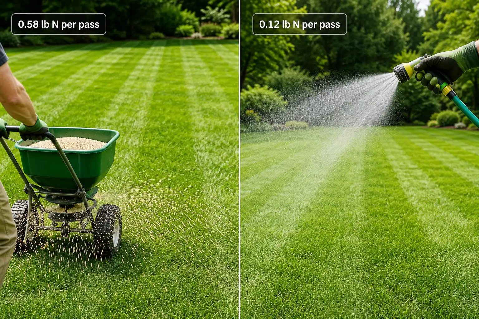 A granular pass supplies roughly 0.58 pound of nitrogen per 1,000 square feet while a liquid pass supplies about 0.12 pound