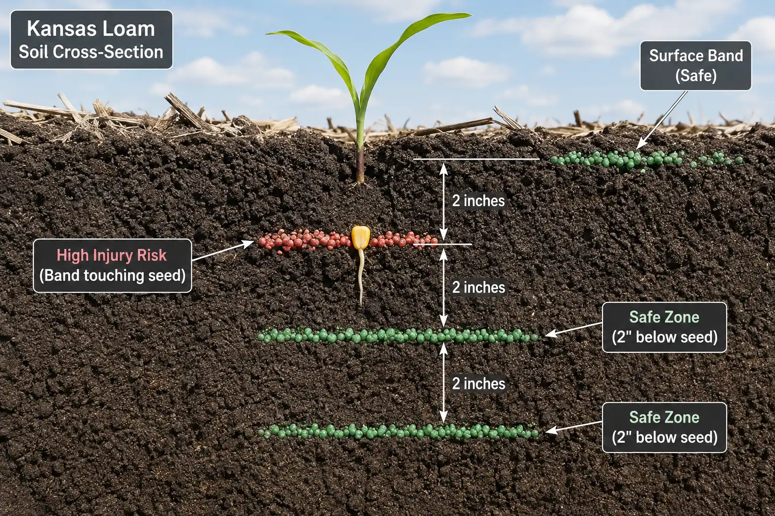 Soil cross-section showing 10-20-20 fertilizer banded 2 inches to the side and 2 inches below corn seed instead of in direct seed contact.