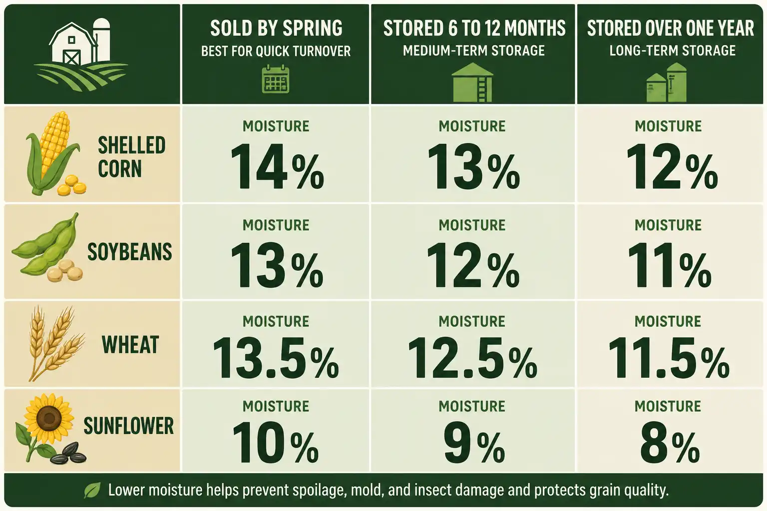 Corn stores safely at 15.5 percent when sold by spring and 13 percent past one year, with soybeans about two points drier at every stage.