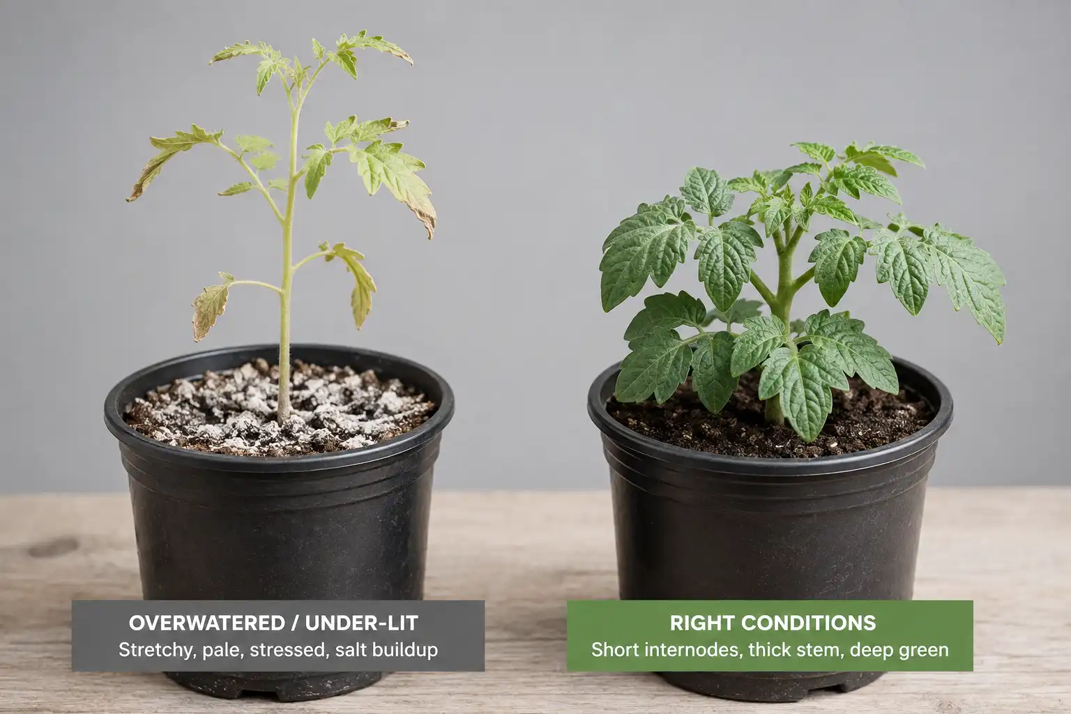 Crisp brown leaf edges, a stretched stem, and white crust on the media show overfeeding, while the healthy plant stands as broad as it is tall with deep green leaves