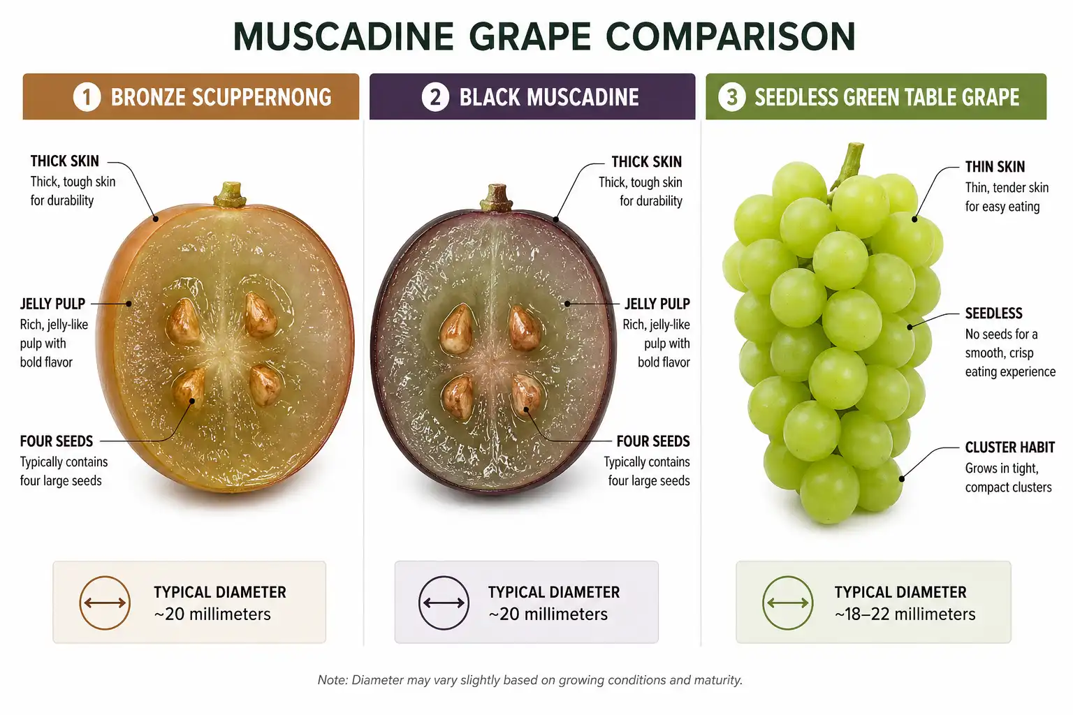 Comparison chart of what scuppernong grapes look like next to a black muscadine and a seedless table grape, with labels for skin thickness, seed count, and berry diameter