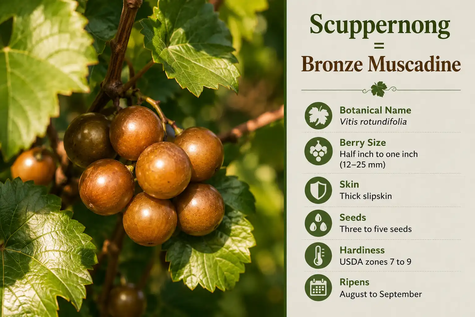 Scuppernong grapes on the vine with bronze muscadine facts panel