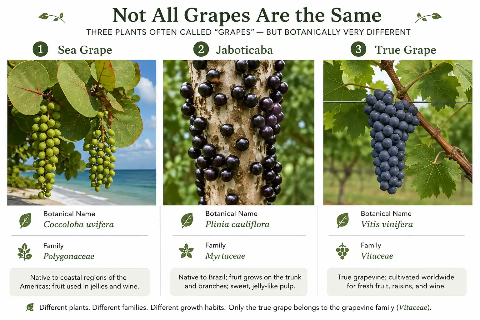 Sea grape and jaboticaba grape trees compared with a true grapevine to show which grape trees are not real grapes