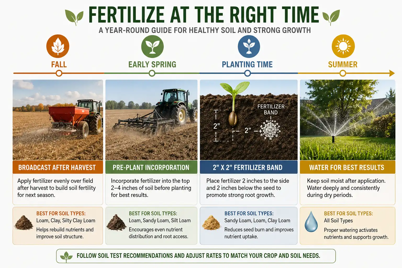 Seasonal timeline showing fall broadcast, spring pre-plant incorporation, a two by two starter band beside the seed, and summer watering on turf