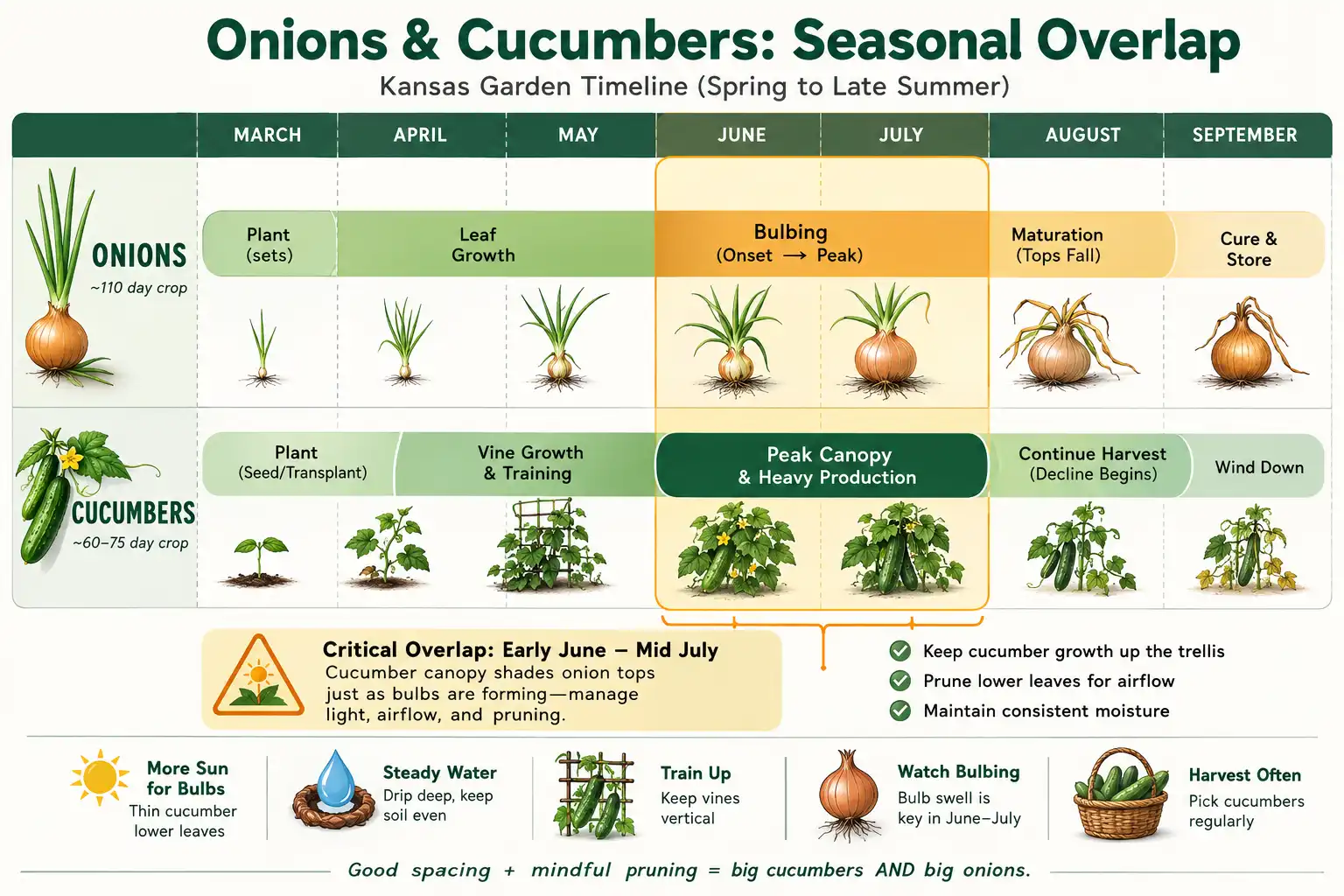 Onion bulbing and cucumber peak canopy overlap for about five weeks, from early June through mid July in zone 6a