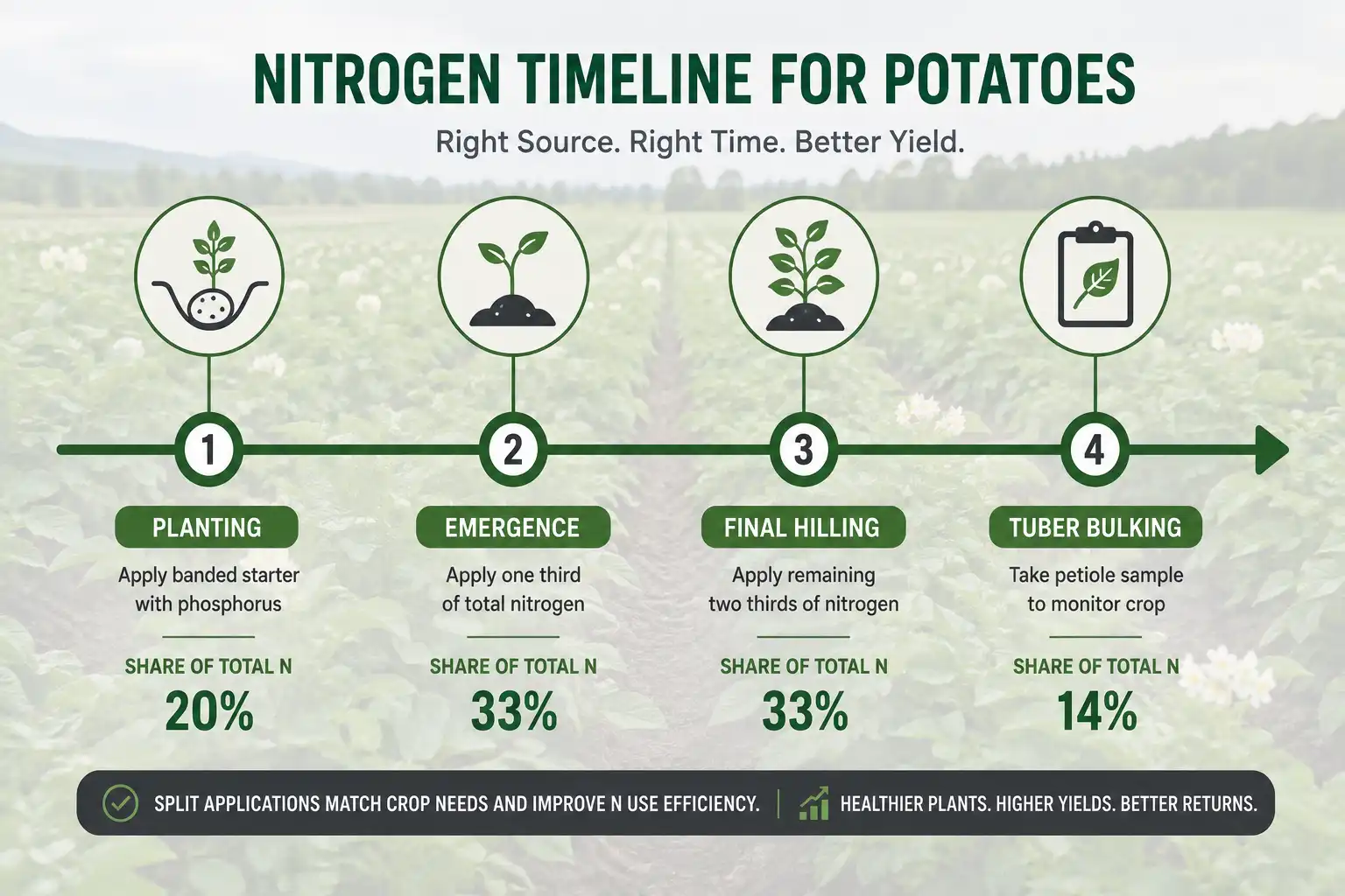 Nitrogen splits across the season, a starter band at planting, a third at emergence, the balance at final hilling, and none once bulking begins.