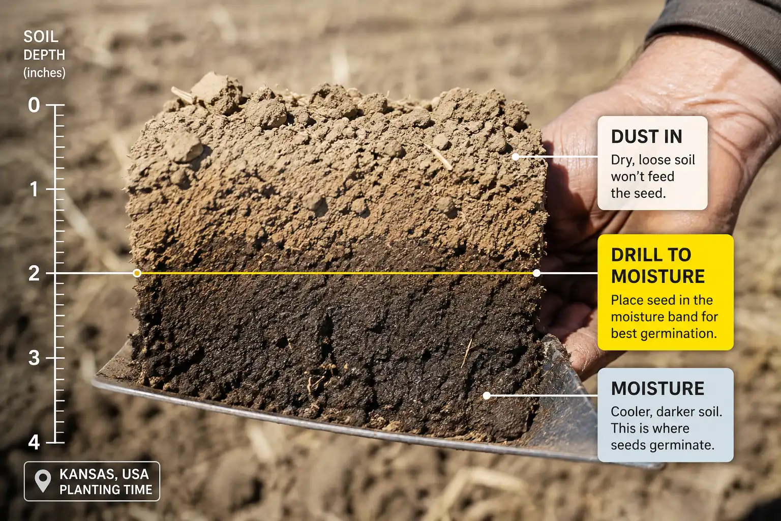 Finding the moisture line with a shovel slice tells you whether to drill wheat into moisture or dust it in shallow, with the moist zone marked on a soil ruler.