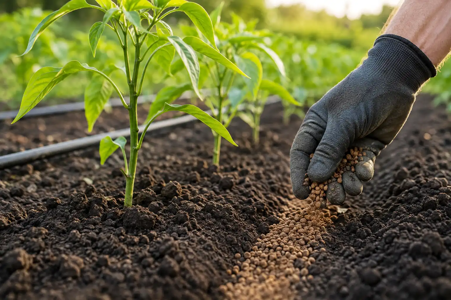 Scatter granules in a band four to six inches from the stem, scratch them into the top inch of soil, then water.