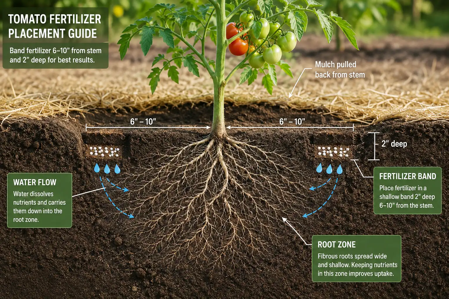 Fertilizer goes in a shallow band six to ten inches out from the tomato stem, about two inches deep, then water carries it down into the fibrous root zone