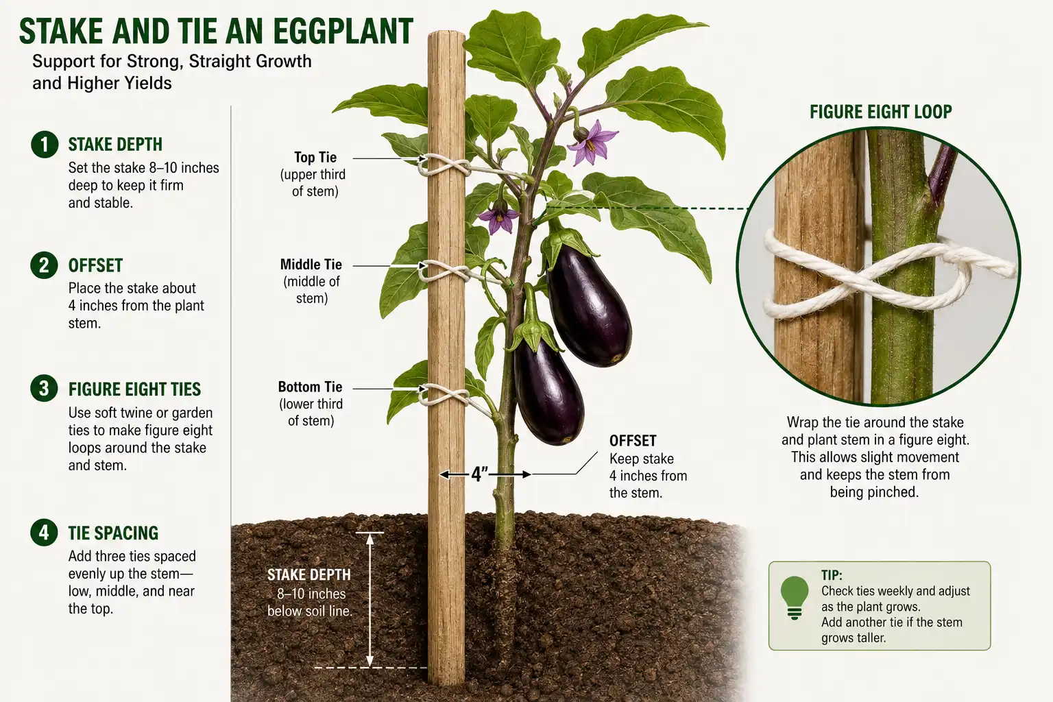 Diagram of an eggplant staked with a hardwood post driven a foot deep, placed four inches from the stem, with figure eight ties spaced every ten inches.