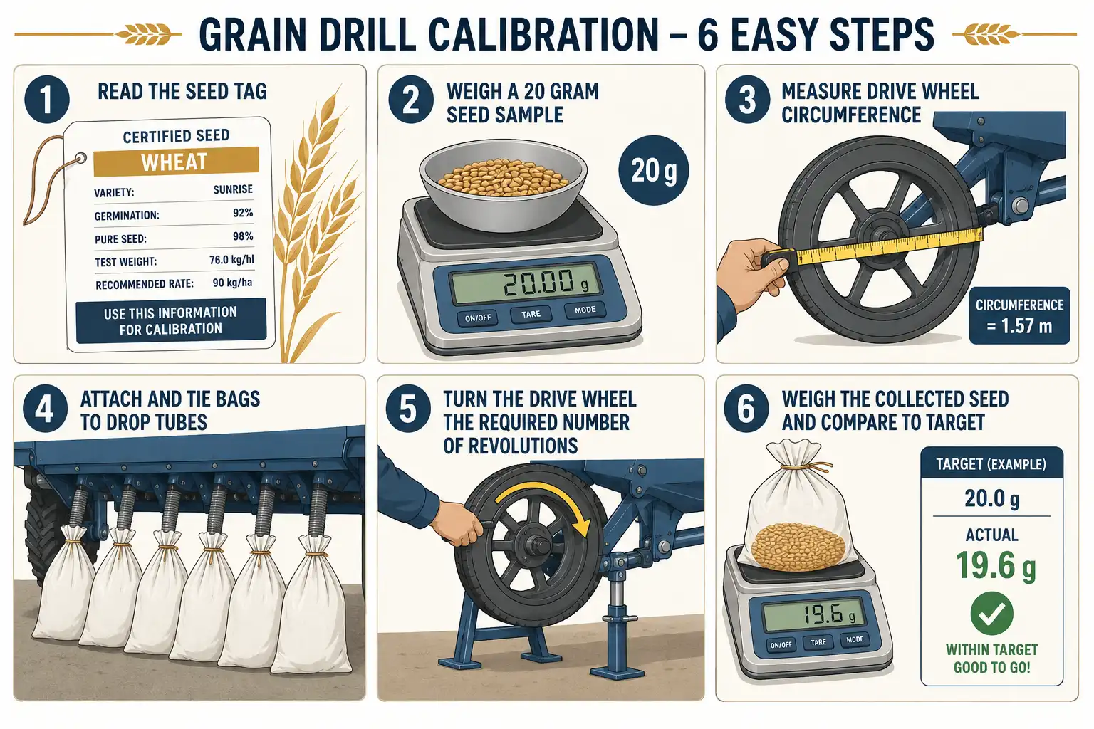 Six numbered calibration steps for a wheat grain drill including reading the seed tag, counting a 20 gram sample, measuring drive wheel revolutions, and weighing seed collected from drop tubes