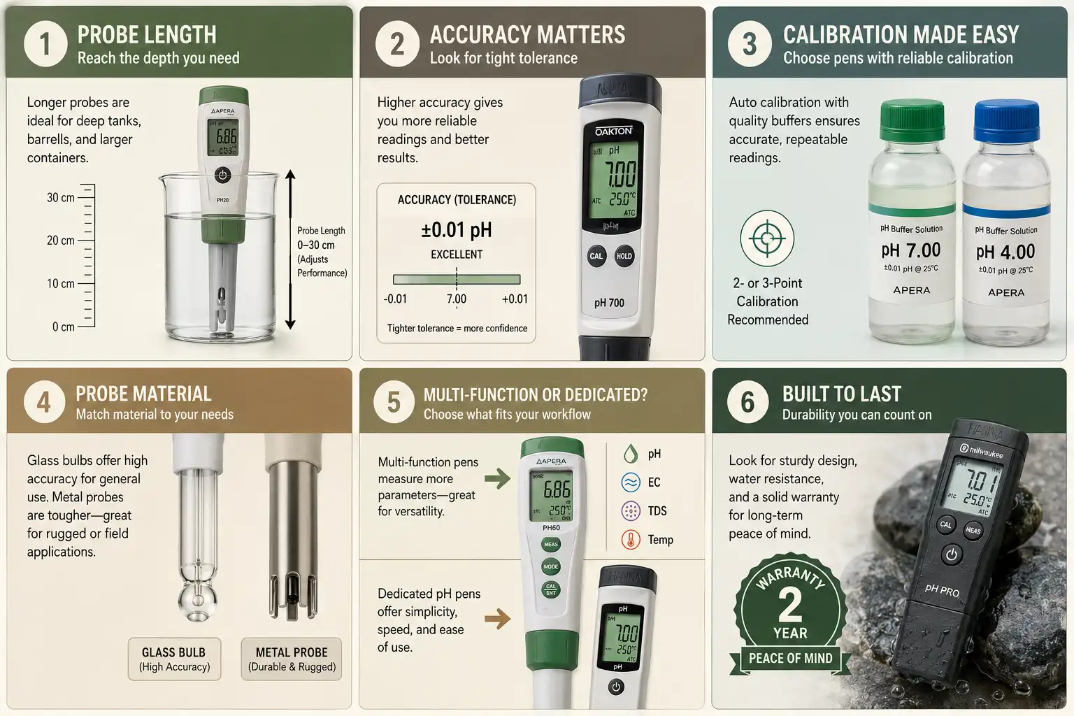Choose a soil pH meter on probe length, accuracy rating, calibration ability, probe material, function count, and warranty coverage.
