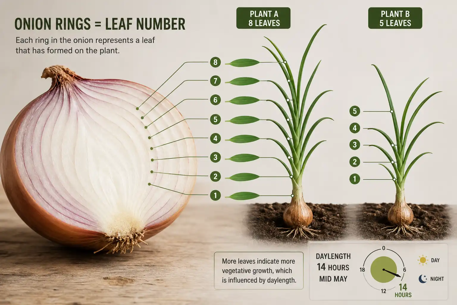 Each leaf an onion grows before bulbing becomes one ring in the bulb, so a shaded plant carrying five leaves finishes smaller than a sunlit plant carrying eight.