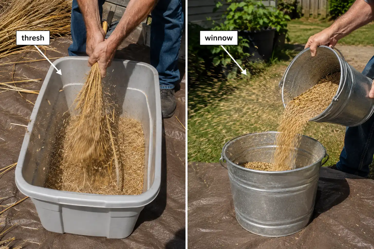 Backyard wheat gets separated from the head by beating dried bundles in a tub over a tarp, then cleaned by pouring the grain between two buckets so the breeze carries the chaff away