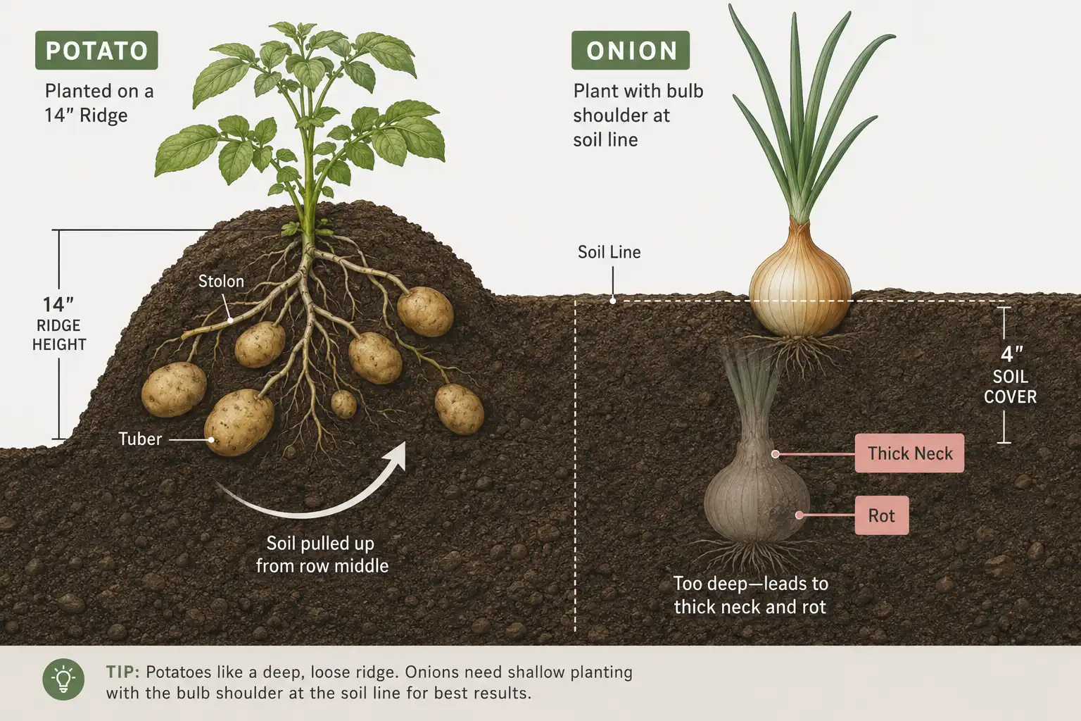 Cross section showing potato tubers forming inside a 14 inch hilled ridge while an onion bulb needs its shoulders at the soil line, so hilling soil buries and rots any onion planted beside the row