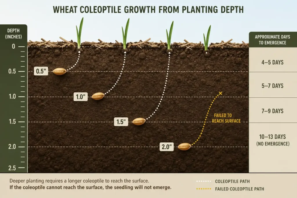 Cross-section diagram of wheat seeds at 0.5 to 2 inches with coleoptile paths and emergence times of 7 to 11 days