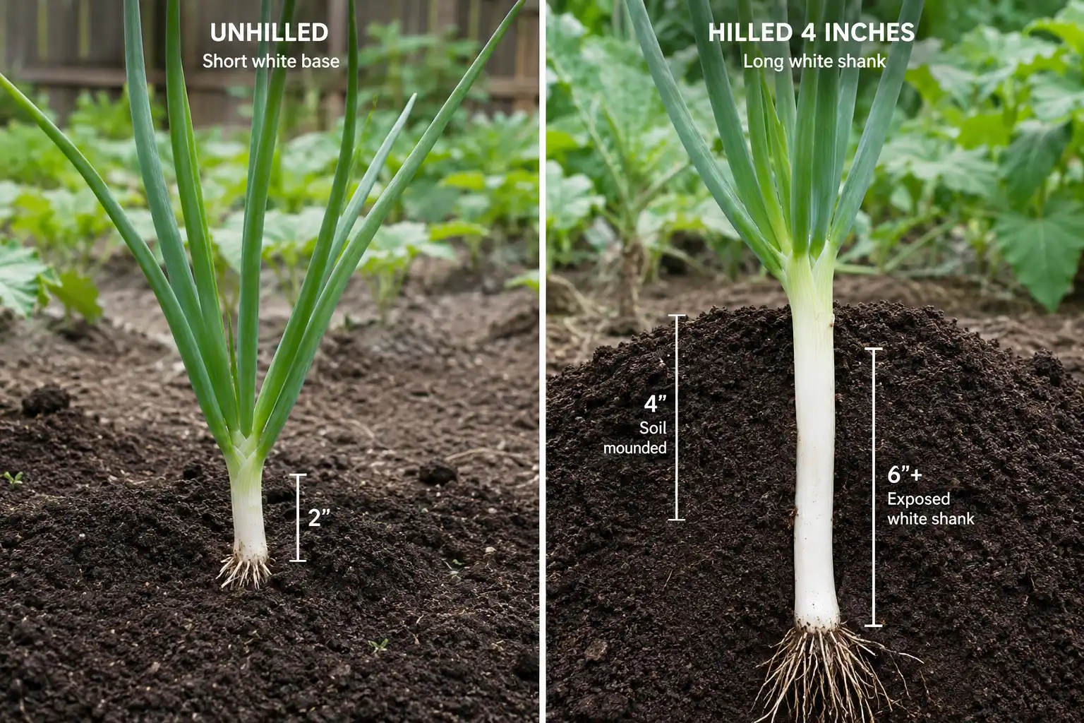 Pulling soil an inch at a time up the stems every two weeks blanches the shank white and keeps the flavor mild.