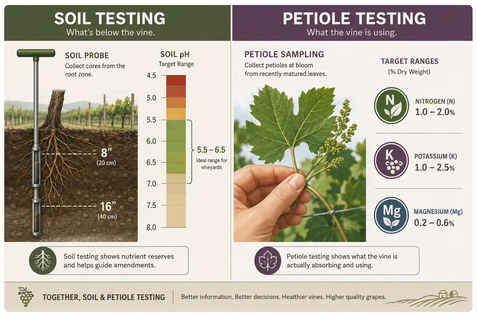 Soil cores pulled at eight and sixteen inches with a target pH of 5.5 to 6.5, next to bloom petiole targets of 1.8 to 2.2 percent nitrogen and 0.2 to 0.5 percent magnesium