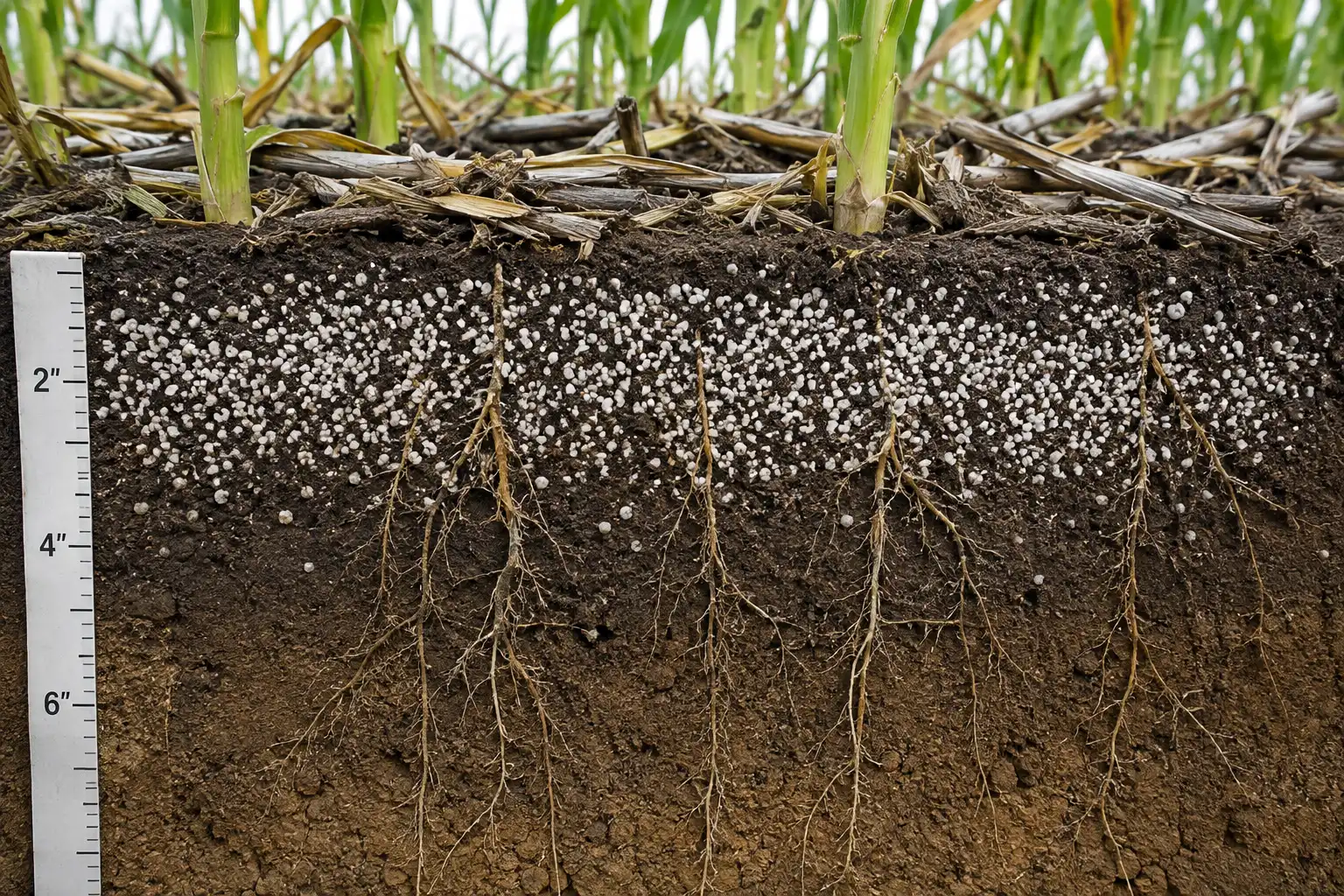 Cutaway soil profile of a no till field with potash granules concentrated in the top two inches while corn roots reach into deeper soil holding less potassium