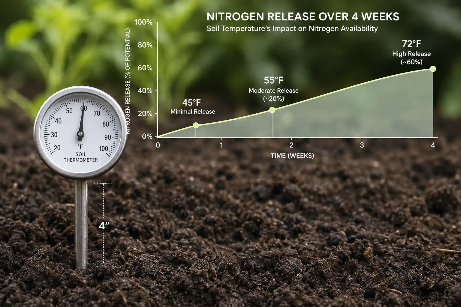 Microbes release almost no nitrogen below 50°F, and the rate roughly doubles with every 18°F rise, reaching about 60 percent release in four weeks at 72°F