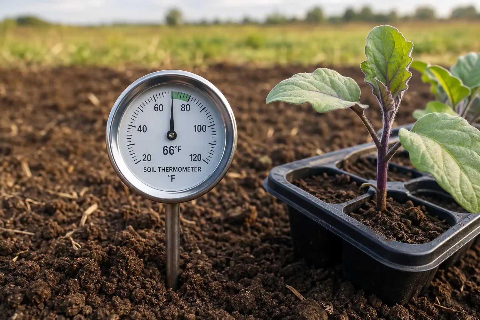 Soil at 4 inches reads 66 degrees, warm enough to set an eggplant transplant