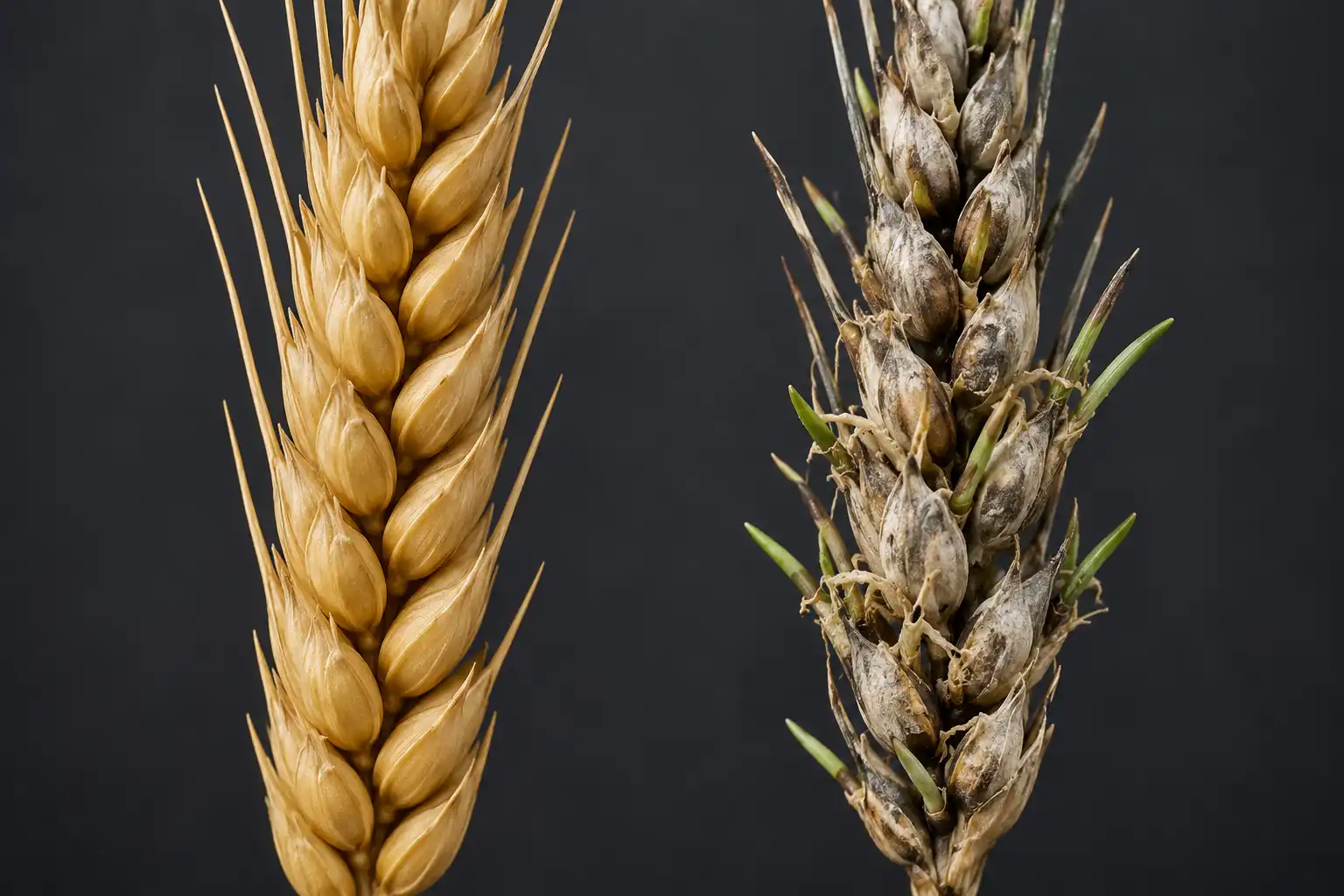 Rain on mature standing wheat causes sprouting in the head, which lowers falling number and test weight compared with a sound golden head