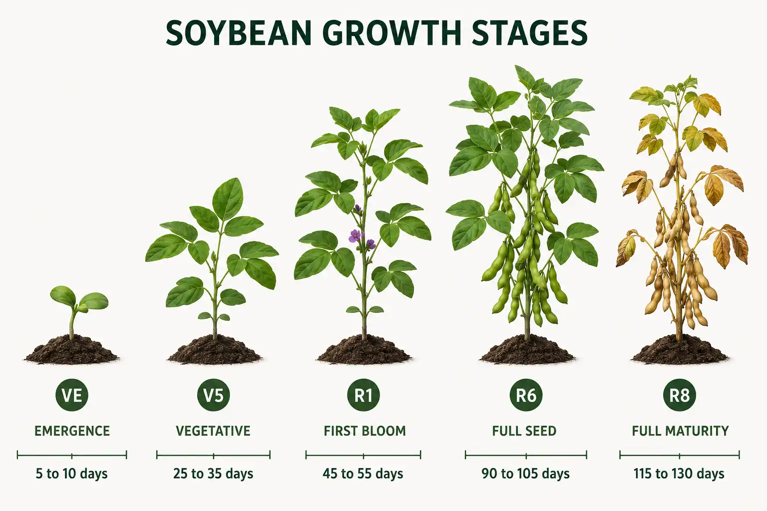 Emergence takes five to ten days, first bloom arrives near day 50, and full maturity lands between day 115 and day 130 in a typical Midwest field.