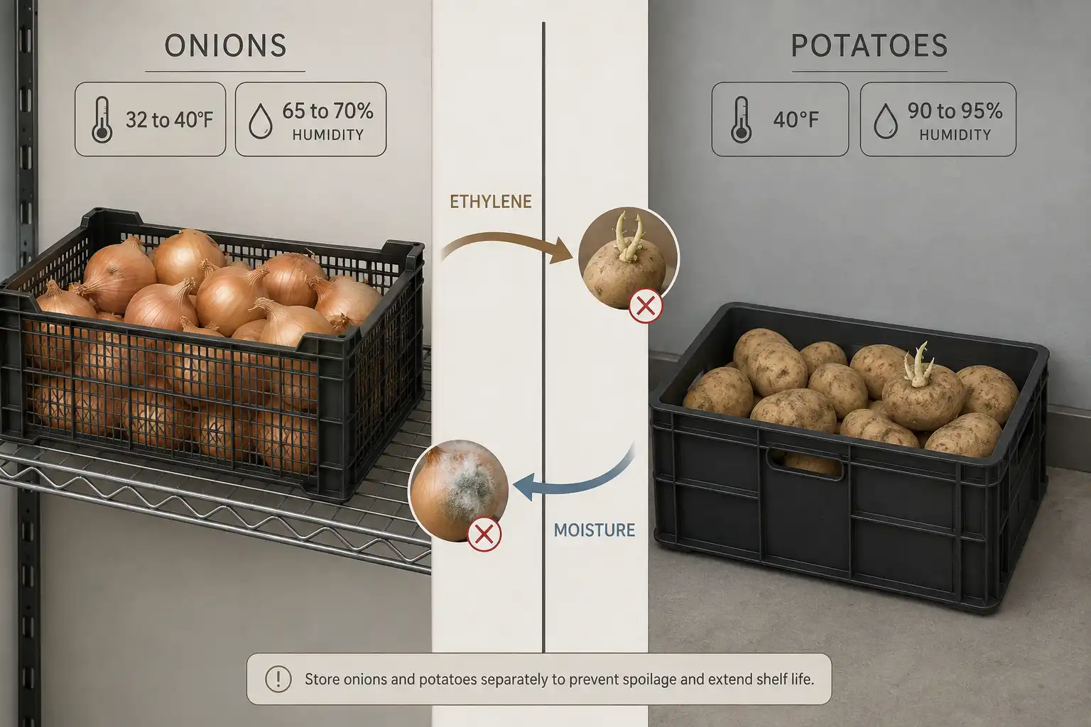 Onions store at 32 to 40°F and 65 to 70% humidity while potatoes need 40°F and 90 to 95% humidity, and keeping them together makes tubers sprout from ethylene and onions mold from moisture