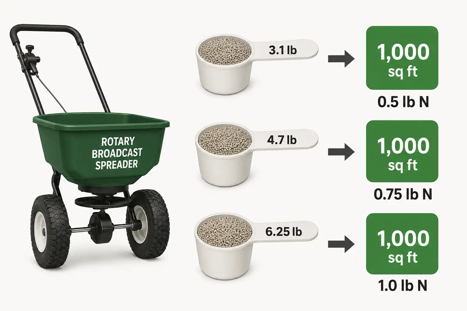 Spread 3.1, 4.7, or 6.25 pounds of 16-4-8 fertilizer per 1,000 square feet to apply 0.5, 0.75, or 1.0 pound of nitrogen