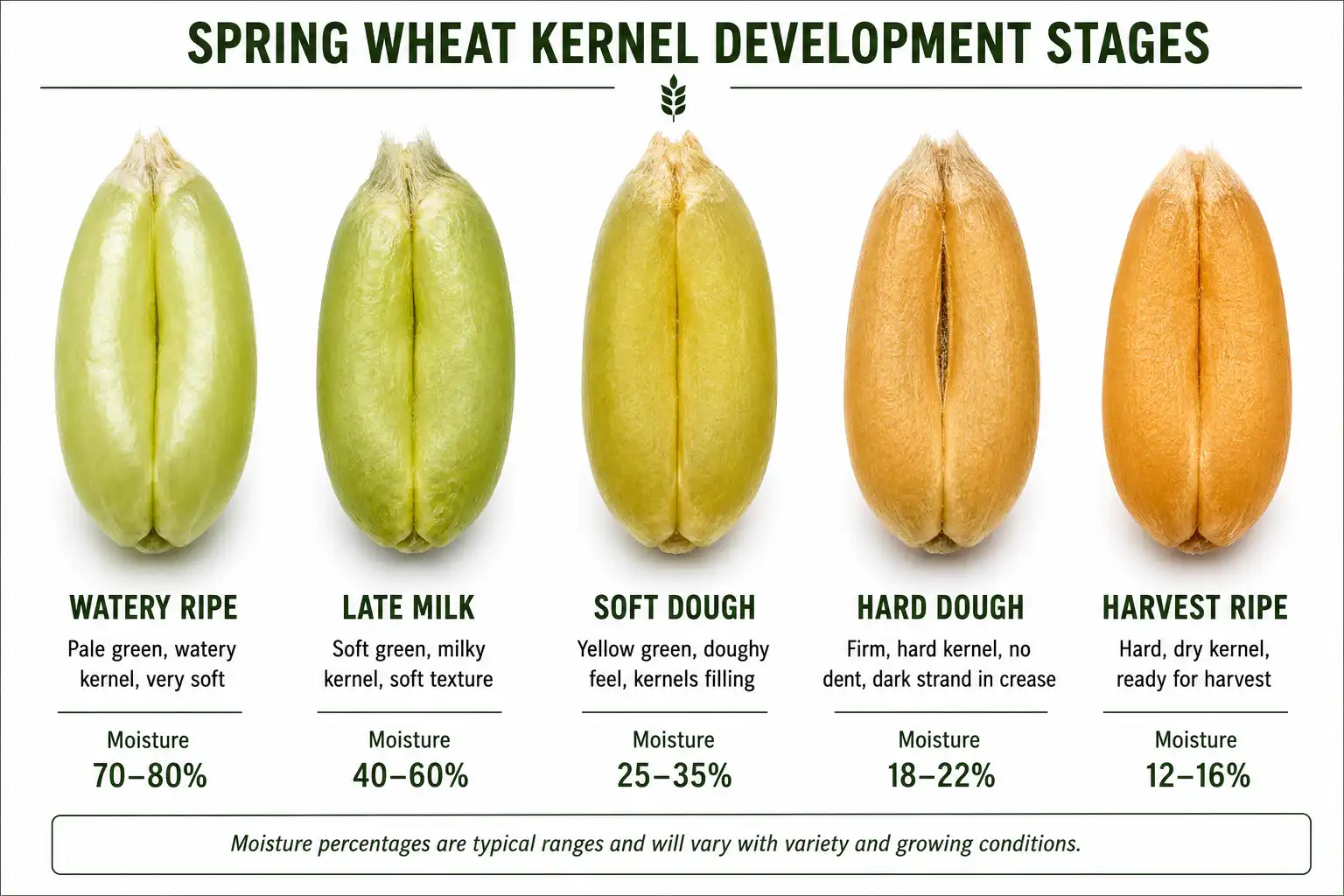 Spring wheat kernels move from watery ripe through hard dough near 30 percent moisture to harvest ripe, the stage fit for the combine.