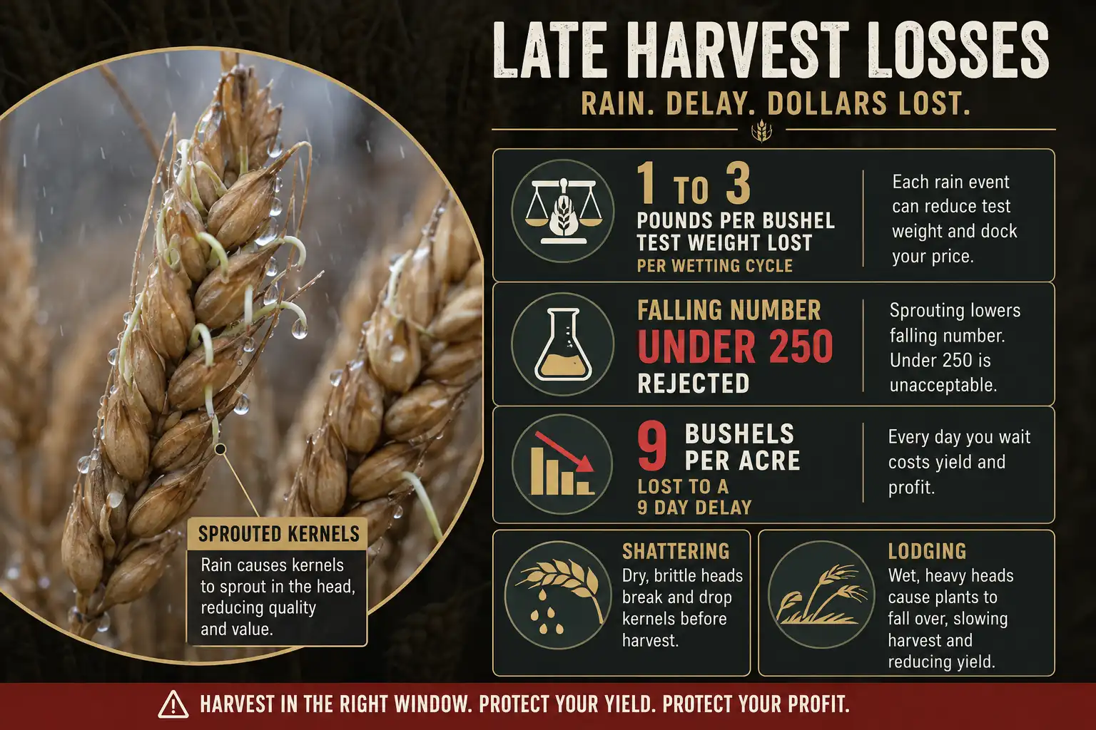 Rain damaged sprouted wheat kernels shown with late harvest losses of 1 to 3 pounds per bushel test weight, falling numbers under 250, and 9 bushels per acre