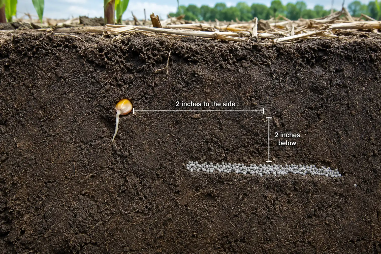 Granular starter set two inches to the side and two inches below the seed reaches seedling roots early without exposing the germinating seed to fertilizer salts
