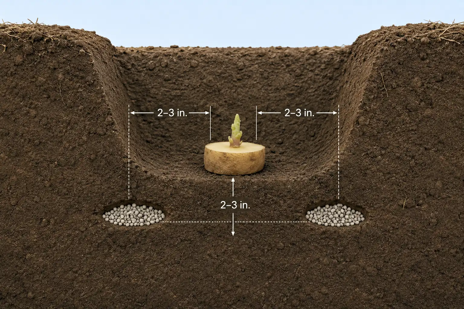 Dry starter fertilizer sits two to three inches to the side and below the seed piece, never touching the cut surface.